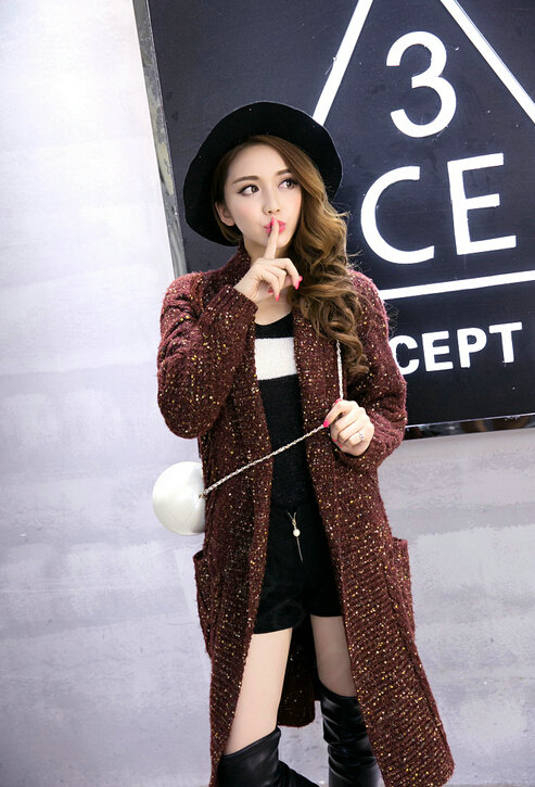 Sweater Fashion Skinny Girls Winter Hand Knitted Cardigan Thick Warm Knee Long - Red