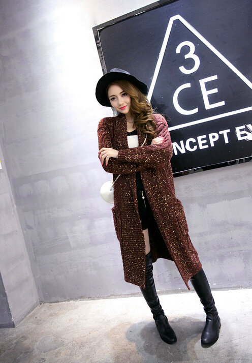 Sweater Fashion Skinny Girls Winter Hand Knitted Cardigan Thick Warm Knee Long - Red