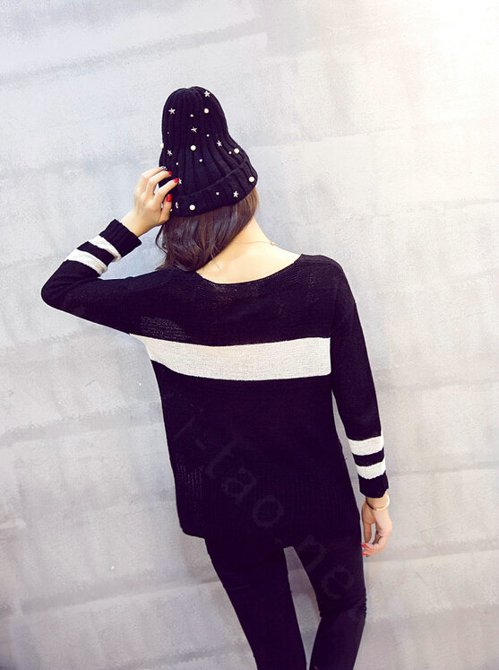 Sweater Female Flat Knitted Striped V Sleeve Slim Shirt - Black