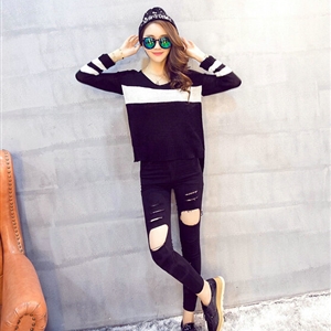 Sweater Female Flat Knitted Striped V Sleeve Slim Shirt - Black