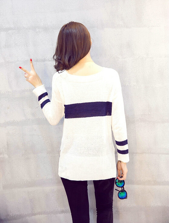 Sweater Female Flat Knitted Striped V Sleeve Slim Shirt - White