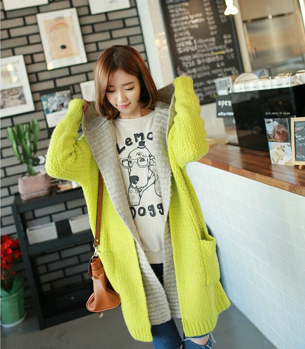 Sweater Female Loose Hooded Knit Thickened False Two Long Cardigan Coat - Yellow