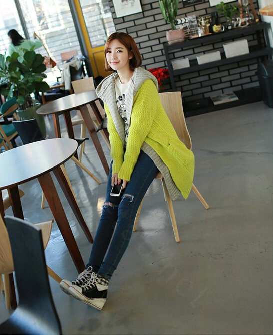 Sweater Female Loose Hooded Knit Thickened False Two Long Cardigan Coat - Yellow