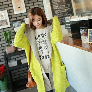 Sweater Female Loose Hooded Knit Thickened False Two Long Cardigan Coat - Yellow