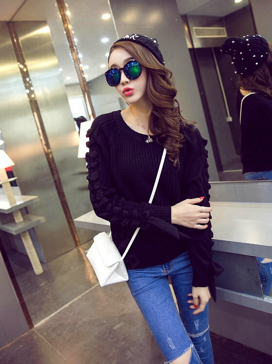 Sweater Female Thick Warm Winter Mosaic Personality Tide O-Neck - Black
