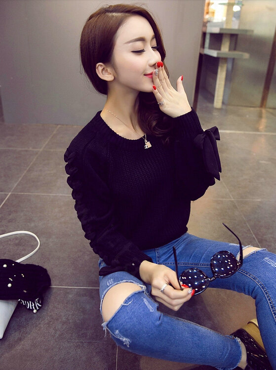 Sweater Female Thick Warm Winter Mosaic Personality Tide O-Neck - Black
