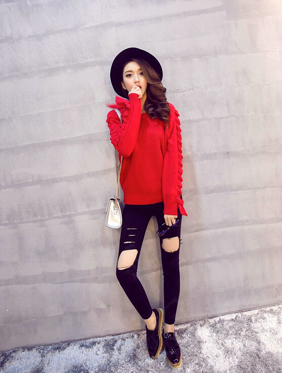 Sweater Female Thick Warm Winter Mosaic Personality Tide O-Neck - Red