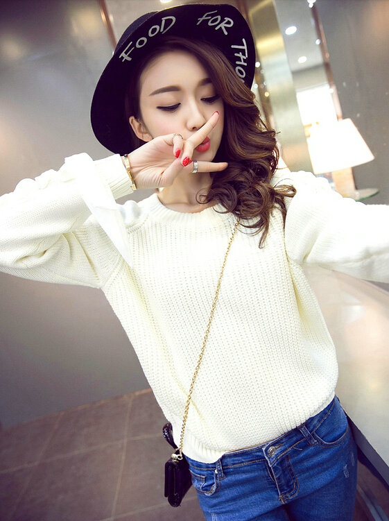 Sweater Female Thick Warm Winter Mosaic Personality Tide O-Neck - White