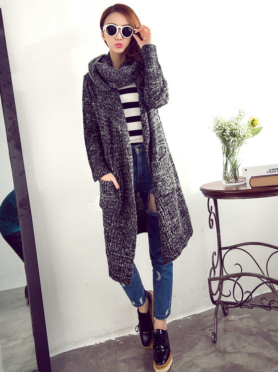 Sweater Girl Thick Warm Cardigan Flat Knitted Collar Fashion Long Burst - Black