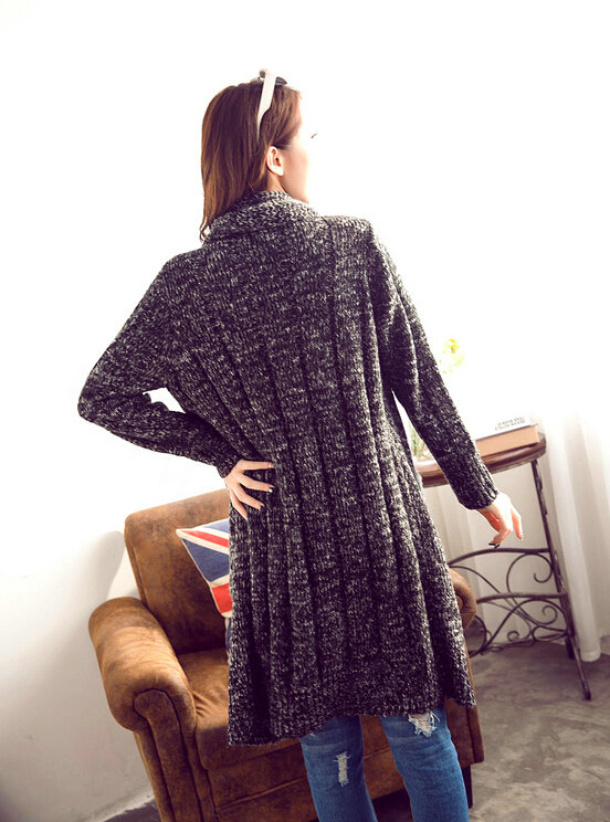 Sweater Girl Thick Warm Cardigan Flat Knitted Collar Fashion Long Burst - Black