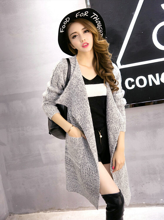 Sweater Girl Thick Warm Cardigan Flat Knitted Collar Fashion Long Burst - Grey