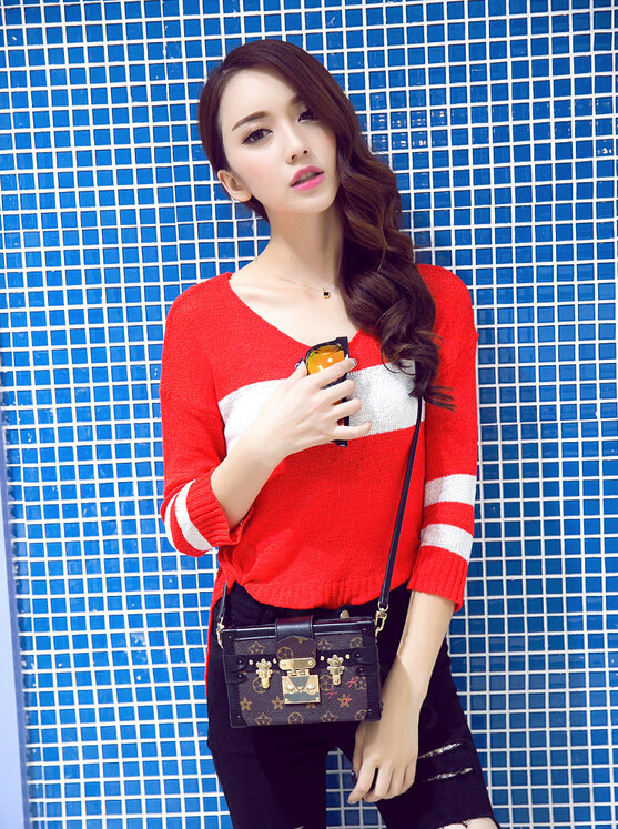 Sweater Hitz V Collar Pullover Female Three Quarter Sleeve Slim - Red