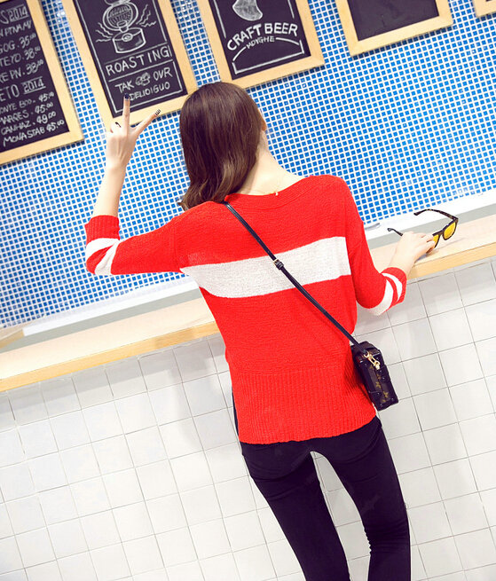Sweater Hitz V Collar Pullover Female Three Quarter Sleeve Slim - Red