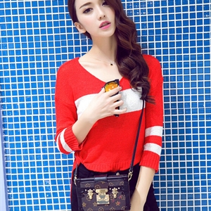 Sweater Hitz V Collar Pullover Female Three Quarter Sleeve Slim - Red