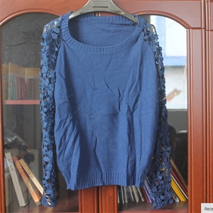 Sweater Lace Sleeves Stitching Women Patchwork Flowers - Blue