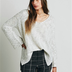 Sweater Solid Women V Collar Shoulder Sleeve Long Loose Fitting - White