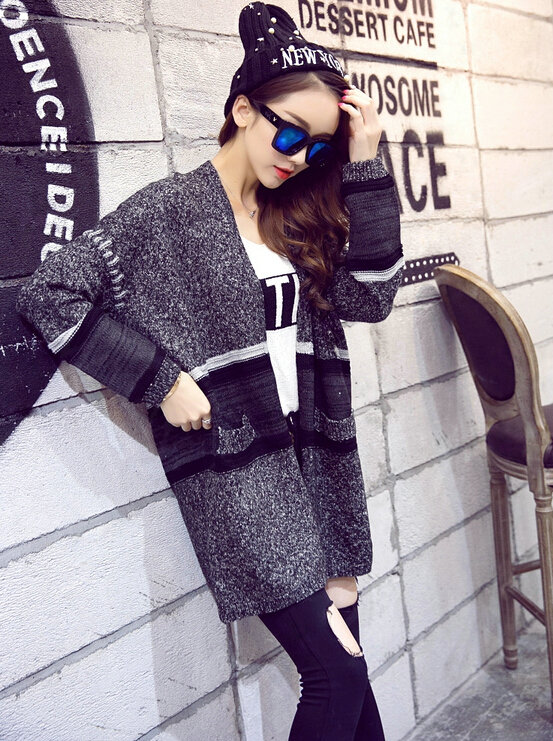 Sweater Winter Street Female Fashion Cardigan Coat Long Thick Warm - Black