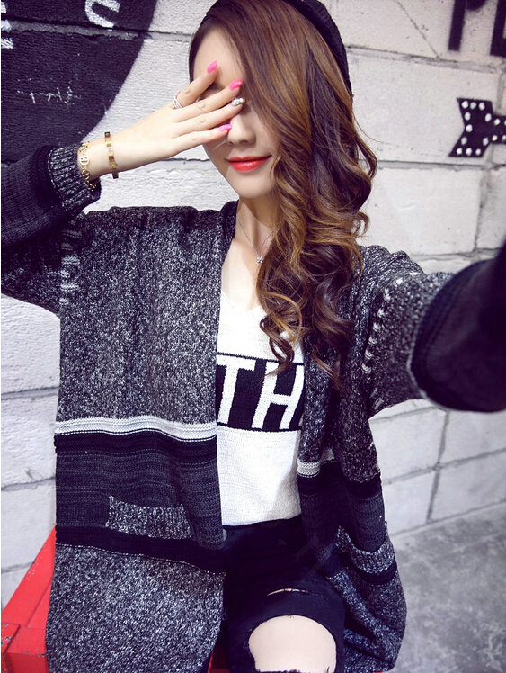Sweater Winter Street Female Fashion Cardigan Coat Long Thick Warm - Black