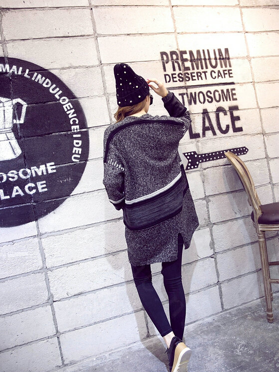 Sweater Winter Street Female Fashion Cardigan Coat Long Thick Warm - Black
