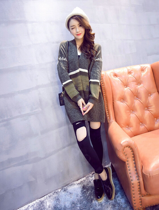 Sweater Winter Street Female Fashion Cardigan Coat Long Thick Warm - Green