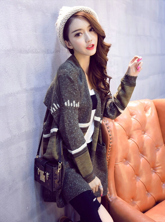 Sweater Winter Street Female Fashion Cardigan Coat Long Thick Warm - Green