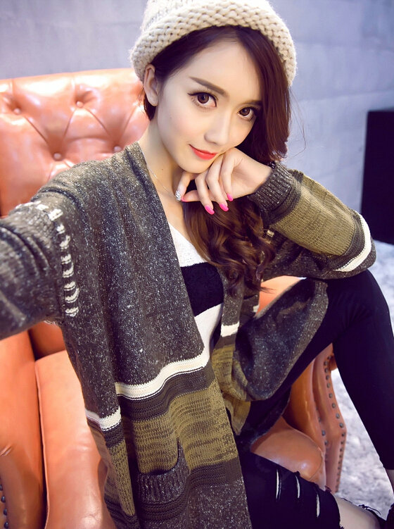 Sweater Winter Street Female Fashion Cardigan Coat Long Thick Warm - Green