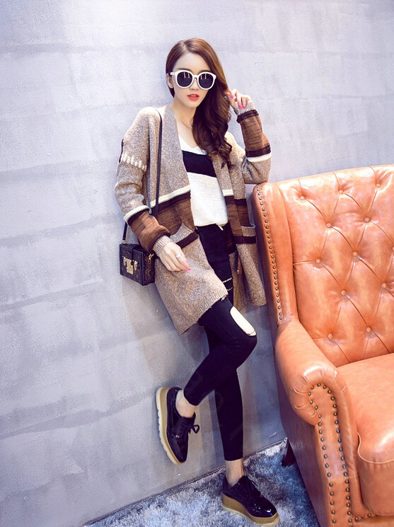 Sweater Winter Street Female Fashion Cardigan Coat Long Thick Warm - Khaki