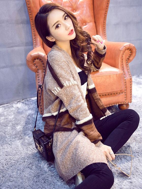 Sweater Winter Street Female Fashion Cardigan Coat Long Thick Warm - Khaki