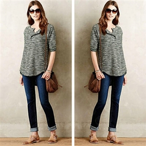 Sweater Women Slim Flat Knitted Embroidery Bottoming Cotton Striped - Grey