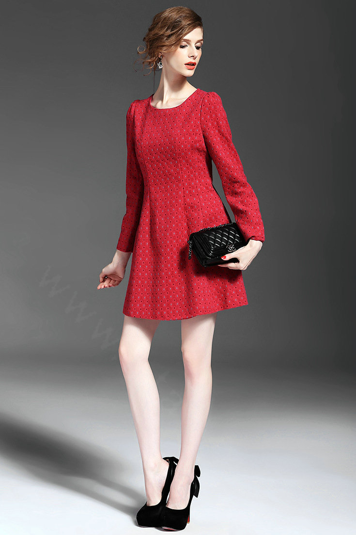 Winter Dresses Dot Velour Knee-Length A-Line Full Sleeve O-Neck - Red