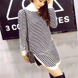 Winter Dresses Downneck Knee-Length Female Striped Personality Split Slim - White