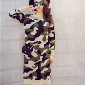 Winter Dresses Knee-Length Making Fashion Camo Street Color Long Sleeved Slim - Green