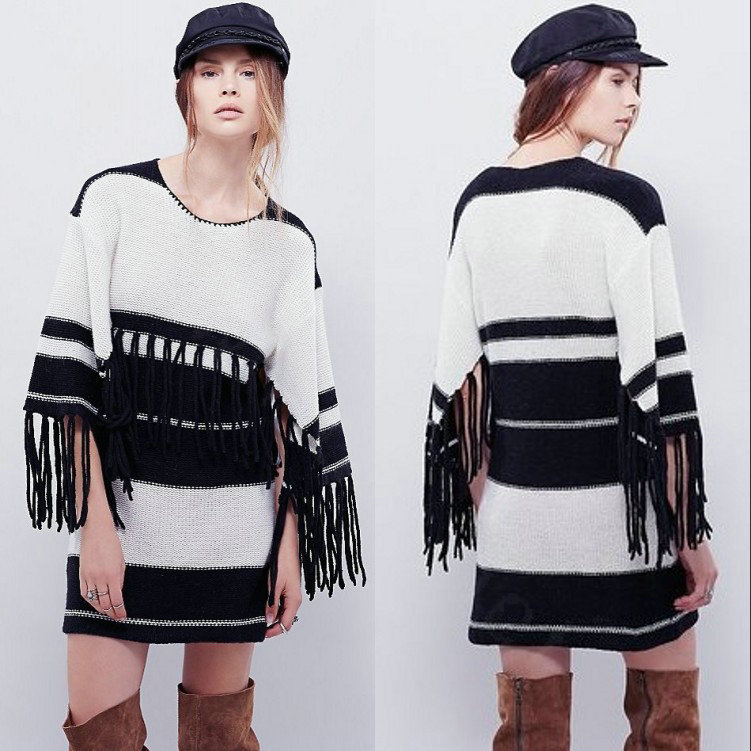 Winter Dresses Sleeve Long Tassel Knitted Three Quarter Female - Black White