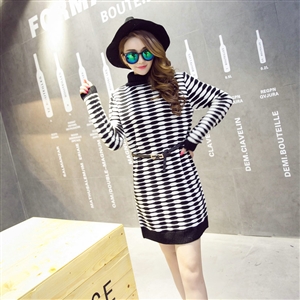 Winter Dresses Turtleneck Female Slim Stripe Warm Knee-Length No Belt - Black