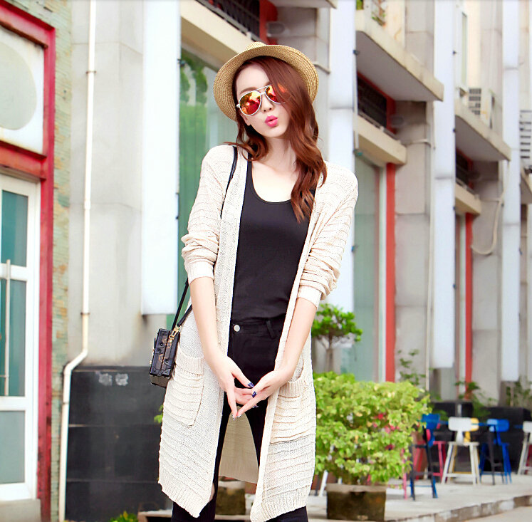 Winter Fashion Sweater Cardigan Coat Female Long Pockets - White