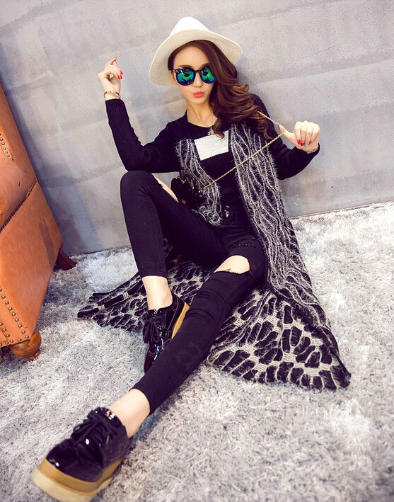 Winter Fashion Sweater Cardigan Coat Female Peacock Coat Open Stitch Thick - Black