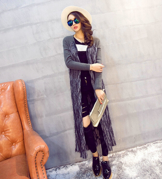 Winter Fashion Sweater Cardigan Coat Female Peacock Coat Open Stitch Thick - Grey
