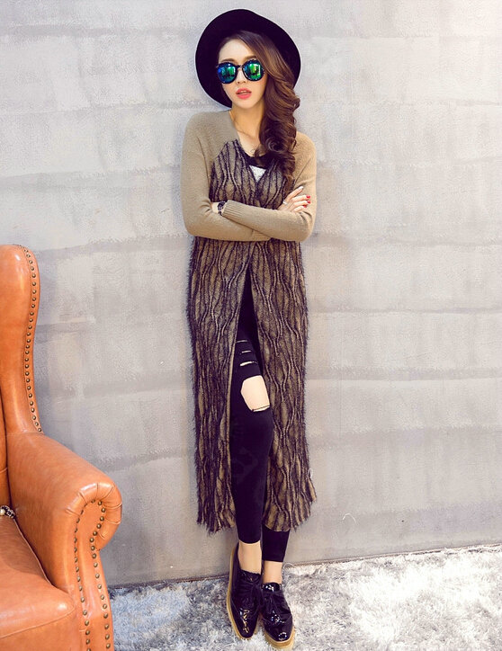 Winter Fashion Sweater Cardigan Coat Female Peacock Coat Open Stitch Thick - Khaki