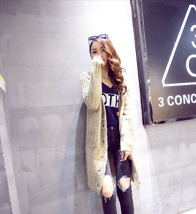 Winter Fashion Sweater Cardigan Coat Women Loose Thin Thick V-Neck Button - Beige