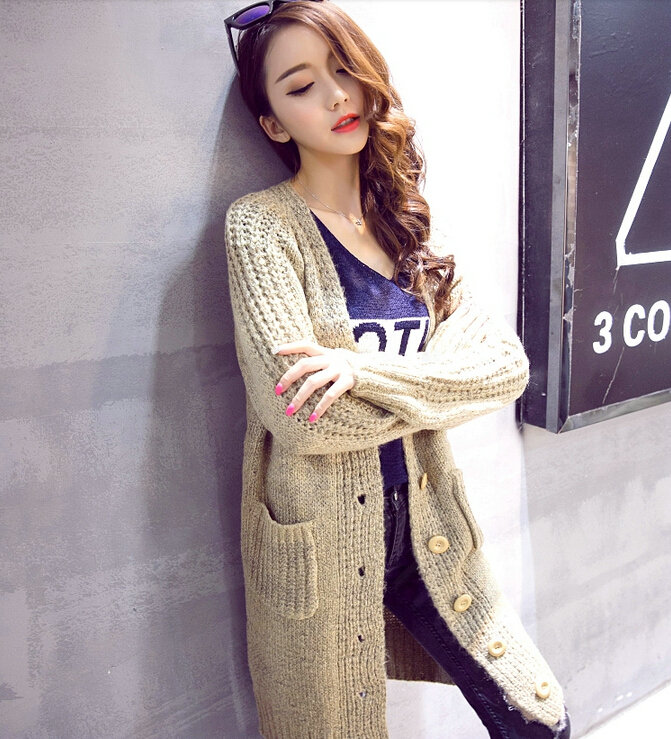 Winter Fashion Sweater Cardigan Coat Women Loose Thin Thick V-Neck Button - Beige