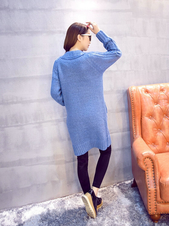 Winter Fashion Sweater Cardigan Coat Women Loose Thin Thick V-Neck Button - Blue