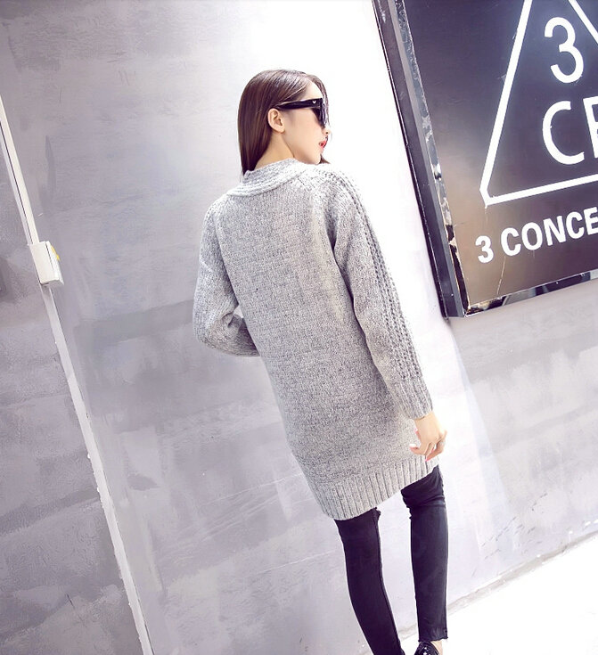 Winter Fashion Sweater Cardigan Coat Women Loose Thin Thick V-Neck Button - Grey