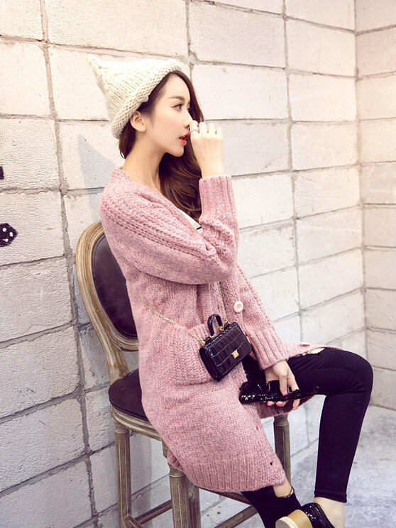 Winter Fashion Sweater Cardigan Coat Women Loose Thin Thick V-Neck Button - Pink