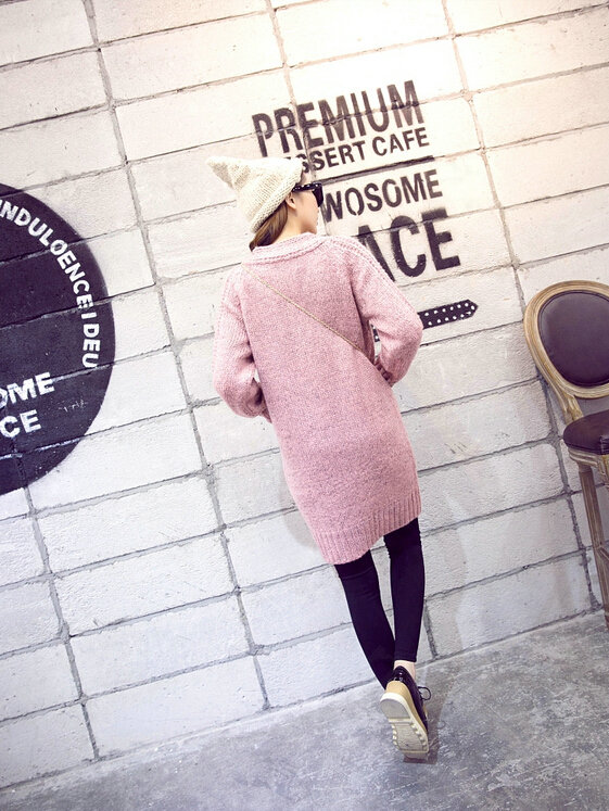 Winter Fashion Sweater Cardigan Coat Women Loose Thin Thick V-Neck Button - Pink