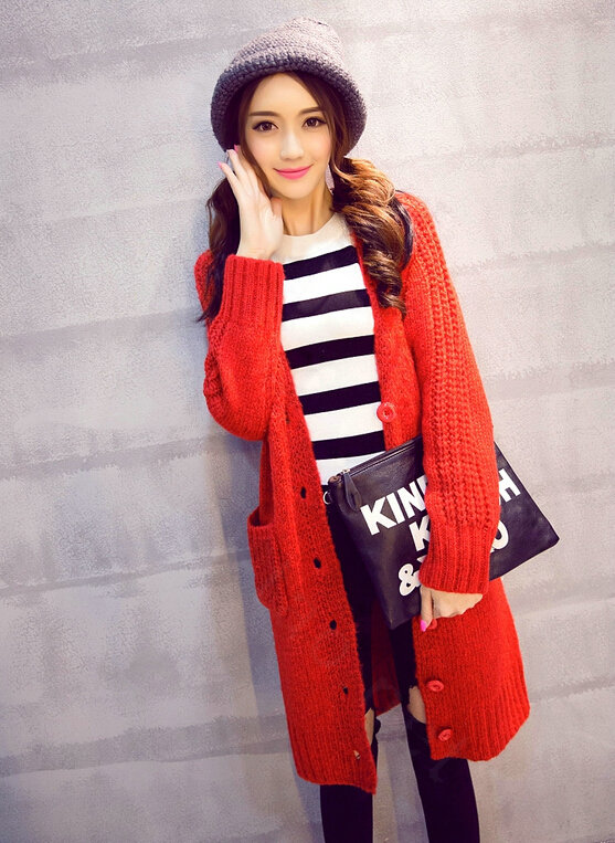 Winter Fashion Sweater Cardigan Coat Women Loose Thin Thick V-Neck Button - Red