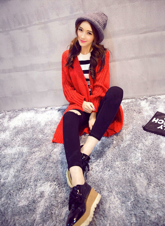 Winter Fashion Sweater Cardigan Coat Women Loose Thin Thick V-Neck Button - Red