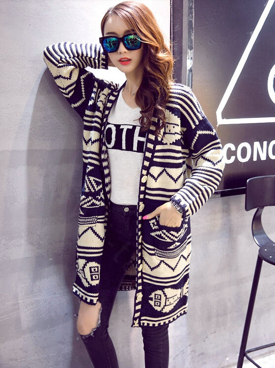 Winter Fashion Sweater Cardigan Coat Women Loose Warm Flat Knitted - Blue Beige