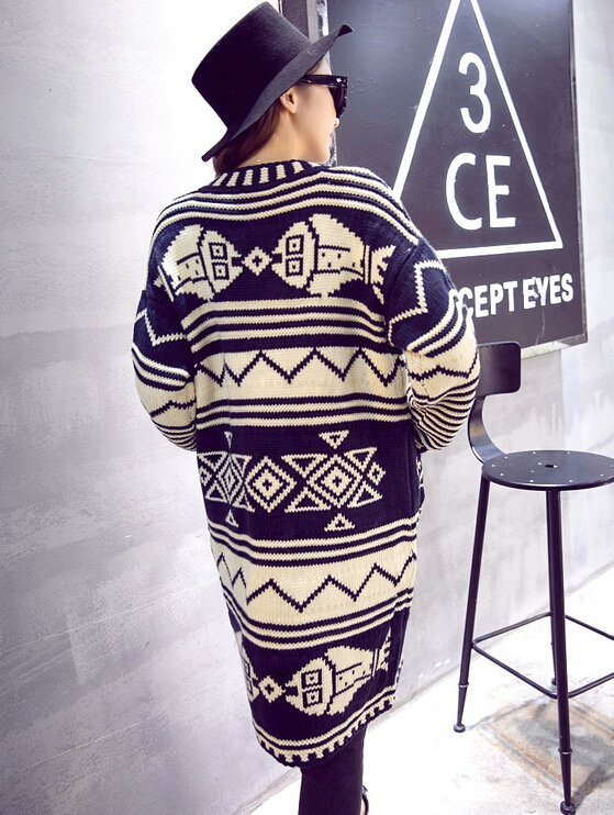 Winter Fashion Sweater Cardigan Coat Women Loose Warm Flat Knitted - Blue Beige