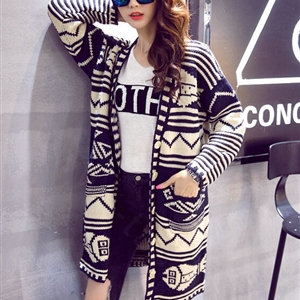 Winter Fashion Sweater Cardigan Coat Women Loose Warm Flat Knitted - Blue Beige