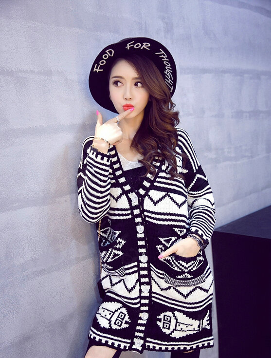 Winter Fashion Sweater Cardigan Coat Women Loose Warm Flat Knitted - Blue White
